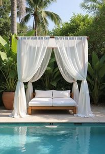 Lit de repos d'extérieur de luxe en teck avec auvent et rideaux, lit de cabane moderne pour piscine, mobilier de jardin pour villas et resorts, Indonésie - Product Image 2