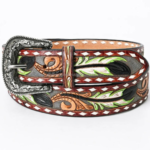 Ceinture d'outillage en cuir occidental faite à la main colorée en relief floral personnalisé avec boucle en laiton antique ensemble - Product Image 4