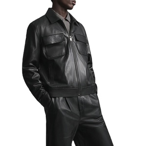 Conjunto de Chaqueta y Pantalones de Cuero Negro para Hombre, Manga Larga, Cierre de Cremallera, Cuello Camisero, Ropa Casual de Invierno, Color Sólido, Corte Regular - Product Image 1