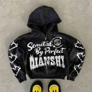 Customized Oversized Cotton Zipper Hoodie Spring Distressed Embroidery Zip-Up Streetwear Cropped Rhinestone Hoodie Men - Product Image 2