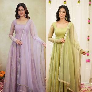 Robe Anarkali en Organza Tabby Radiant pour Femme avec Broderie de Perles, Pantalon en Georgette à Motifs Floraux et Dupatta en Tulle Papillon pour Mariage et Cérémonies - Product Image 6
