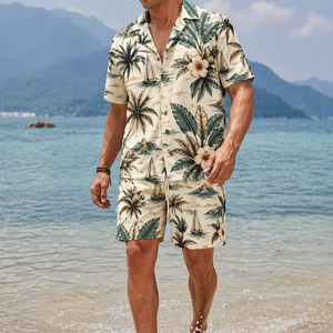 Summer Smart Casual Men's Shirt 280g Eco-Friendly Breathable Anti-Pilling Satin Fabric Short Sleeve 100% Polyester Floral Print - Product Image 1