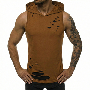 Custom Men's <b>Distressed</b> Hooded Tank <b>Top</b> Layered Ripped Workout Muscle Vest OEM Streetwear Bodybuilding Sleeveless Tee Tank <b>Tops</b> - Product Image 5
