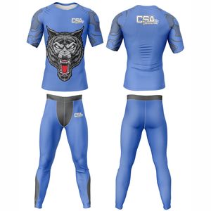 ชุดออกกำลังกาย MMA ขายดี ชุดรัดกล้ามเนื้อ BJJ Rush Guard และกางเกงขาสั้น ผ้าสแปนเด็กซ์สั่งทำพิเศษ พิมพ์ลายแบบ Sublimation ชุดรัดกล้ามเนื้อผู้ชาย - Product Image 1