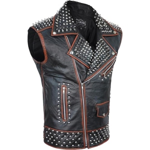 Custom Genuine Leather Studded Biker <b>Vest</b> <b>Mens</b> Punk Style Motorcycle Leather Waistcoat With Asymmetrical Zip Closure - Product Image 2