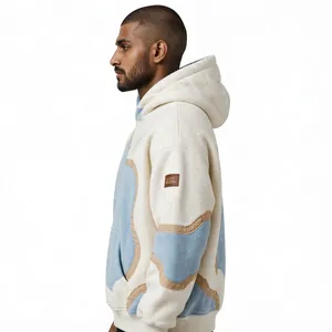 Sweat à capuche personnalisé en polaire ondulé 500 GSM, coupe ample, style streetwear, avec broderie de faucon et patchwork - Product Image 5