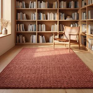 Tapis en laine de couleur unie en terre cuite de qualité supérieure, tissé à la main, à boucles texturées, design rustique moderne pour salon - Product Image 4
