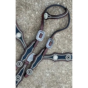 Luxury Brown <b>Leather</b> Western One Ear Headstall & Breast Collar Set Crystal Conchos Intricate Studded Design Black Textured Inlay - Product Image 2
