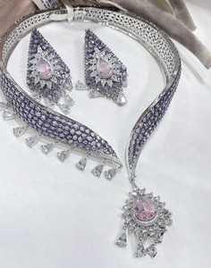 Alluring Premium Quality Brass Silver Plated CZ <b>Statement</b> Collar <b>Necklace</b> Earrings Set Women's Designer for Wedding Gift Party - Product Image 5