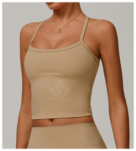 Camiseta sin mangas de punto para mujer, cuello cuadrado, color marrón, transpirable, de spandex y nailon, chaleco deportivo con logo frontal - Product Image 2