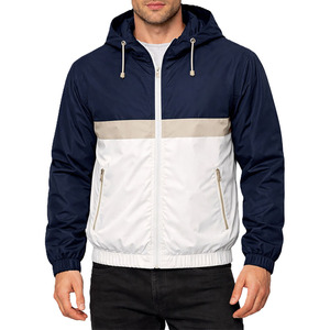 Blouson de course unisexe bleu marine et blanc à blocs de couleur, à capuche, avec fermeture éclair, décontracté, sportif, imperméable, respirant, léger, pour l'été - Product Image 1
