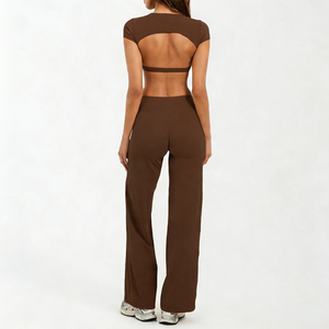 Women 2 Piece Yoga Set High Waist Wide Leg <b>Pants</b> Crew Neck Crop Top Cut-Out Back <b>Spandex</b> Polyester Seamless Activewear - Product Image 2