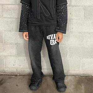 Oversized Vintage Track Sweatpants Sun Faded Acid Washed Rhinestone Baggy Trousers Custom Logo Printed Men's Casual Heavyweight - Product Image 6