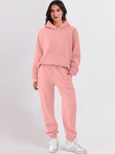 Women <b>Pink</b> Hooded <b>Tracksuit</b> Full Length Loose Fit Solid Color Casual Sweatshirt And Pants Set With Drawstring Closure - Product Image 6