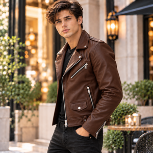 Chaqueta de Cuero Genuino para Hombre, Estilo Motero, Color Marrón, Corte Ajustado, Estilo Vintage Punk Rock, con Cierre, para Motociclismo y Trabajo - Product Image 2