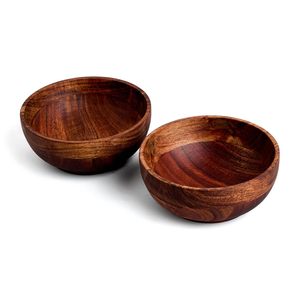 <b>Small</b> Round Wooden <b>Bowls</b> Set Enamel Coated Dishwasher Safe & Eco-Friendly American Style for Kitchen Salad Soup Noodle Serving - Product Image 1