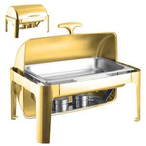 Gold Stainless Steel Chafing Dish with Roll Top Lid Buffet Food <b>Warmer</b> Double Fuel Holders Catering Banquet Serveware - Product Image 1