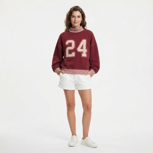 Achetez un sweat-shirt pour femme de style preppy avec un numéro brodé, col rabattu, manches longues, en coton tricoté, pour l'automne - Product Image 5