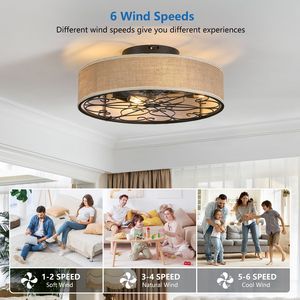 Ventilatore da soffitto LED da 20 pollici a basso profilo in tessuto, stile rustico, senza pale, con gabbia, a incasso, con telecomando incluso - Product Image 2