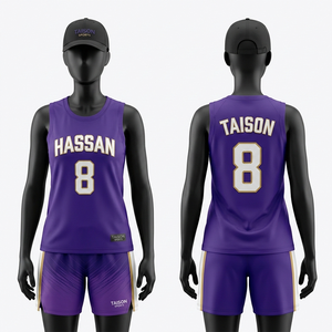 Ensemble de maillot et short de basket-ball pour femmes, respirant, en polyester interlock, violet, avec empiècements latéraux en mesh, logo personnalisé par sublimation - Product Image 2