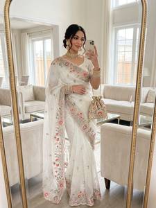 Designer Embroidery Sequence Coding Work And Thread Work In Border Fandy Satin <b>Saree</b> With Running Embroidery Work Blouse Piece - Product Image 4