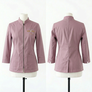 Chaqueta de Barbería para Mujer, 240 GSM, Sarga de Algodón, Diseño de Paneles Color Malva, Logotipo Bordado en la Parte Delantera, Uniforme de Salón Personalizado, Ropa de Trabajo Profesional - Product Image 1