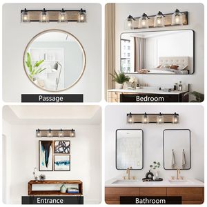 32\" Farmhouse 4-Light Bathroom Vanity Fixture Clear Seeded Glass Shades with Black Wood Grain Finish <b>Wall</b> <b>Sconce</b> Design - Product Image 5
