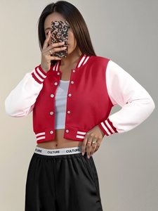 Custom Womens Cropped Varsity <b>Jacket</b> Red <b>White</b> Contrast Streetwear Snap Button OEM Design <b>Short</b> Length Solid Color Block - Product Image 1