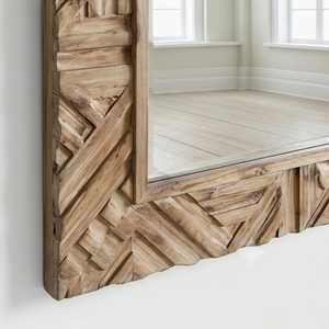 Handmade Eco-Friendly Lightweight Rustic Wooden Vertical Rectangular <b>Wall</b> Mirror Striped Bone Inlay Decorative <b>Frame</b> Hanging - Product Image 4