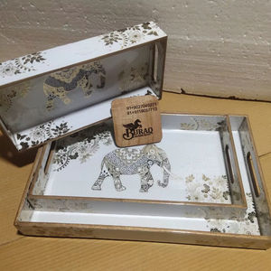 Set of Three Handcrafted Wooden MDF Serving Trays with Golden <b>Foil</b> Premium Quality Single Tier for Home <b>Kitchen</b> Living Room - Product Image 1