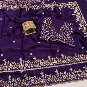 Sari en viscose/chinon/organza de georgette moderne pour femmes de OM Fashion Studio, longueur au sol, avec de belles broderies et des paillettes - Product Image 2