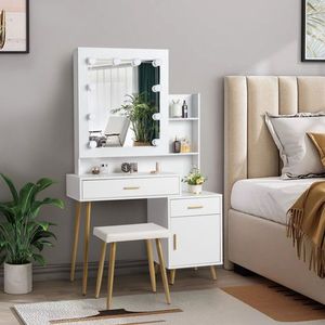 2-Drawer 1-Door 2-Shelf Mirror Cabinet with 3-Light Bulbs Particleboard Triamine Veneer White <b>Dressing</b> Table Set Makeup Vanities - Product Image 1