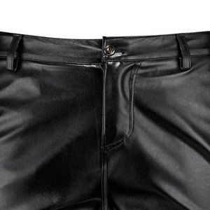 Pantalones Cortos Bermuda para Hombre, Negros, Recubiertos de PU, Cierre de Botones, Cintura Media, Estilo Casual, Color Sólido, Tela Satinada, con Bolsillos - Product Image 4