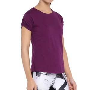 Camiseta de Manga Corta con Cuello Redondo Morada para Mujer, Estilo Urbano, Corte Regular, Color Sólido, Informal, de Algodón Jersey Transpirable, para Todas las Temporadas - Product Image 3