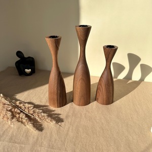 Elegant Turned Wood Candlestick Holder Set Featuring Three Flared Design Pieces Holding Tall <b>Taper</b> <b>Candles</b> For Rustic Home Decor - Product Image 3