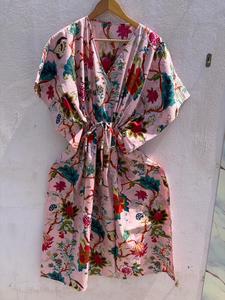 Pink Floral Cotton <b>Kaftan</b> for Women Printed Boho Daily Wear Regular Fit <b>Summer</b> Maxi Dress Batwing Sleeves V-neck Eco-Friendly - Product Image 1