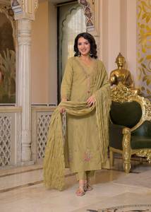 Traditional <b>Indian</b> Women's Olive Green Cotton Embroidered Knee-Length Quick Dry <b>Kurta</b> Set Pant Dupatta Regular Fit All Seasons - Product Image 3