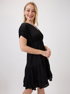 Vestido Midi Formal de Verano con Estampado Floral Blanco, Cuello en V, Mangas Abullonadas, Cintura Natural, Antiarrugas, Ecológico y Lavable - Product Image 2