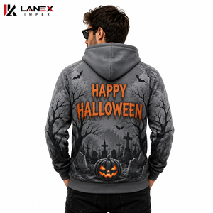 Sweat à capuche unisexe personnalisé en polyester gris, motif citrouille d'Halloween et maison hantée, style gothique streetwear, par sublimation - Product Image 2