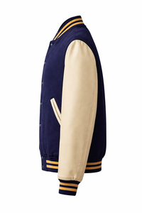 Men's Navy Beige 100% <b>Wool</b> Varsity Jacket Formal Style Turn-down Collar Button Front Regular Fit Winter Breathable Patchwork - Product Image 6