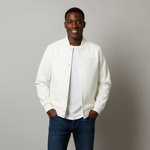 Customized <b>Men's</b> White <b>Bomber</b> <b>Jacket</b> Stand Collar Zipper Closure Casual Autumn Wear Regular Fit Fleece Lined Polyester Material - Product Image 3