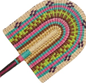 Natural fiber woven handheld <b>fan</b> featuring <b>pink</b> lime green brown and teal arched patterns eco friendly cooling accessory for - Product Image 4