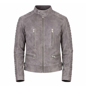 <b>Men</b> Grey <b>Suede</b> Leather Biker <b>Jacket</b> Quilted Shoulder Slim Fit Zipper Pocket Motorcycle Style Outerwear Waterproof Windproof - Product Image 1