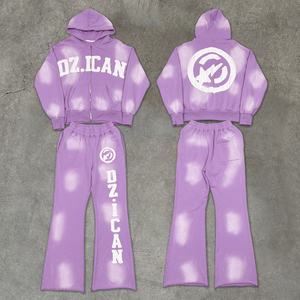 ชุดวอร์มผู้หญิงปักลาย แอซิดวอช เสื้อฮู้ดซิปและกางเกงขายาว พร้อมโลโก้สั่งทำ ชุดวอร์มแบบยูนิเซ็กซ์ - Product Image 1