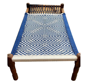 Rustic <b>wooden</b> charpai <b>bench</b> showcasing a colorful multi-stripe woven rope pattern, available at wholesale prices. - Product Image 3