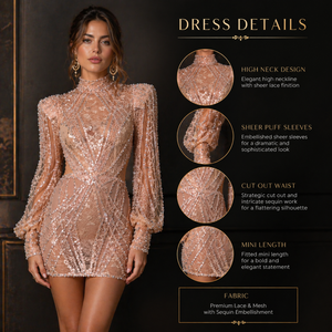 Robe moulante courte de luxe ornée de dentelle |   Robe de soirée cocktail pour femme, col haut, manches longues, dentelle à paillettes, design élégant - Product Image 5