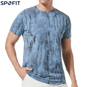 Camiseta de Manga Corta para Hombre SPOFIT, Estampado Tie-Dye Azul, Secado Rápido, Corte Ajustado, Informal, Tejido de Poliéster, Cuello Redondo - Product Image 1