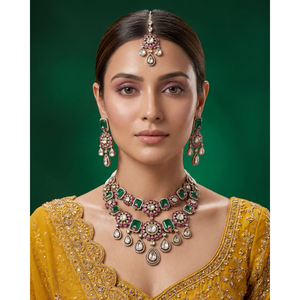 Indian Ethnic Gold Plated <b>Bridal</b> Moissanite <b>Necklace</b> & <b>Earring</b> <b>Set</b> - Product Image 1