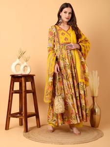 Women Yellow Floral Printed Cotton Anarkali <b>Suit</b> <b>Trouser</b> Dupatta V-Neck Regular Fit Knee-Length Quick Dry Traditional Casual - Product Image 4