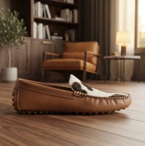Genuine <b>Leather</b> Cow Print Loafers Round Toe <b>Slip</b>-<b>On</b> Comfortable All Seasons Rubber Outsole EVA Midsole - Product Image 2